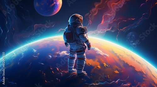A man in a spacesuit stands on the surface of a planet
