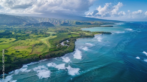 Aerial View of North Shore Landscape, Kauai Island, Hawaii in the Pacific Ocean