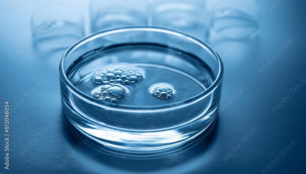 Close-up of glass petri dish with liquid. Laboratory experiments and scientific experiment. Close-up of glass petri dish with liquid. Laboratory experiments and scientific experiment.