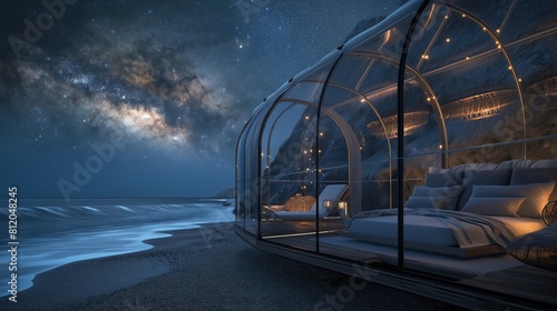 A beachside glamping scene under the stars, featuring a spacious tent with transparent walls, offering a clear view of the night sky . photo