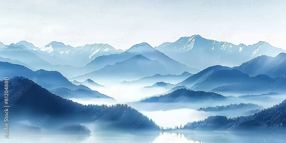 watercolor illustration of snowy mountain range, cold blue color palette watercolor illustration of snowy mountain range, cold blue color palette