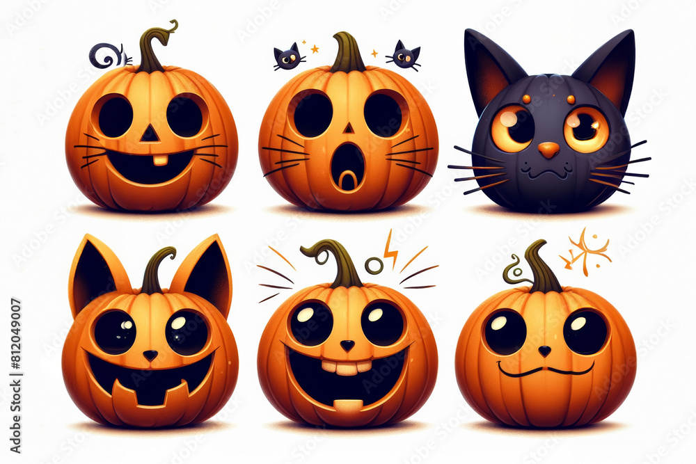 Funny and cheerful Halloween pumpkins with different expressions on their faces. Funny and cheerful Halloween pumpkins with different expressions on their faces.