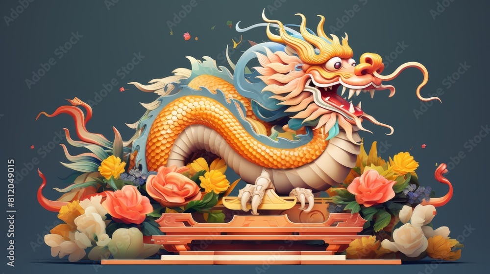 Fototapeta premium A dragon is sitting on a table with flowers and leaves