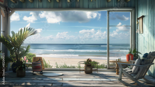 beach resort, A image of a beachfront cottage with panoramic ocean views, coastal decor, and a private deck or patio, offering a serene seaside  photo