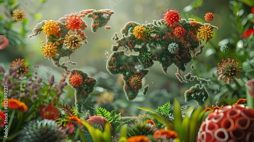 3d world map made of corona virus, surrounded by various plants and flowers, creative concept design, creative composition, creative art background, high resolution photography, high detail, hyper qua photo
