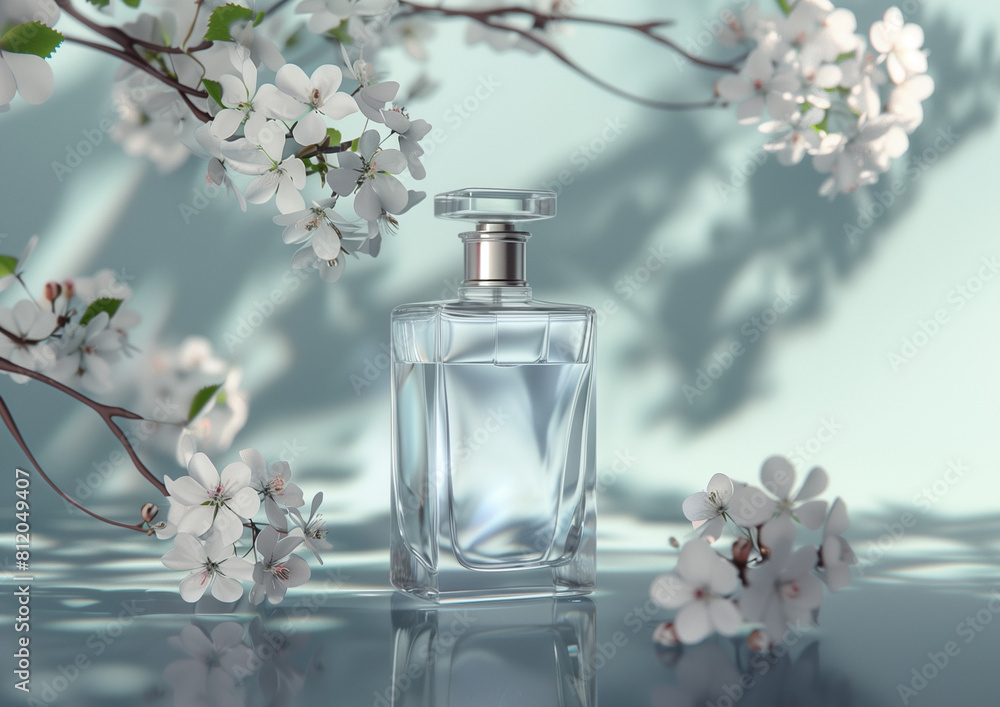 A transparent perfume bottle stands against the background of white flowering tree branches, creating a delicate contrast between the glass and nature. A transparent perfume bottle stands against the background of white flowering tree branches, creating a delicate contrast between the glass and nature.