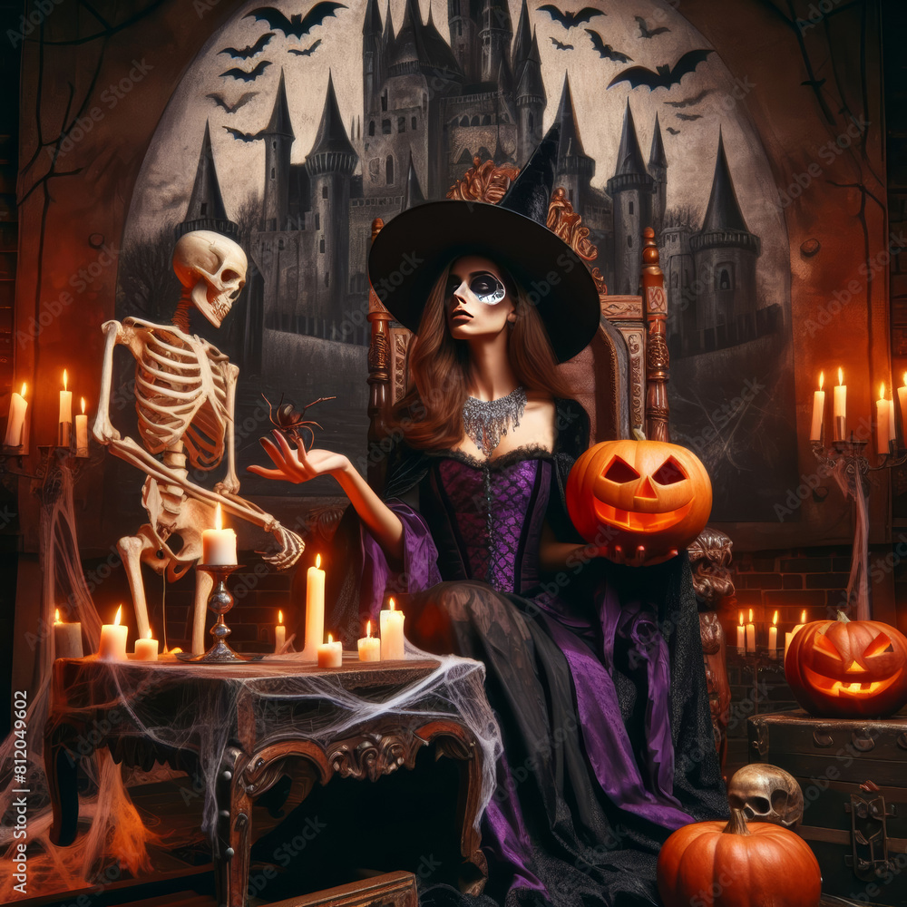 A witch sits on a throne in a castle for Halloween. Skeletons and various evil things in an ancient castle. A witch sits on a throne in a castle for Halloween. Skeletons and various evil things in an ancient castle.