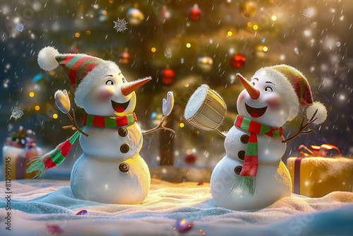 Two cheerful snowmen dancing near the Christmas tree, snowflakes swirling around them, creating a festive atmosphere for the New Year, an idea for a card or banner