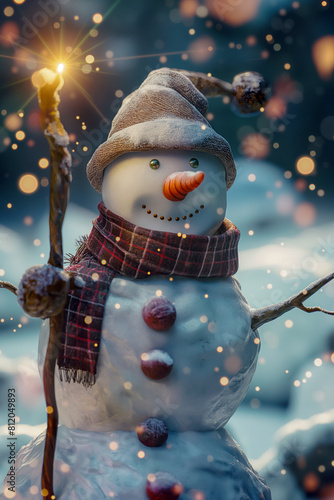 Snowman Christmas wizard holds a staff in his hands and looks with a smile, snowflakes swirl around him, creating a magical atmosphere of the New Year, idea for a postcard