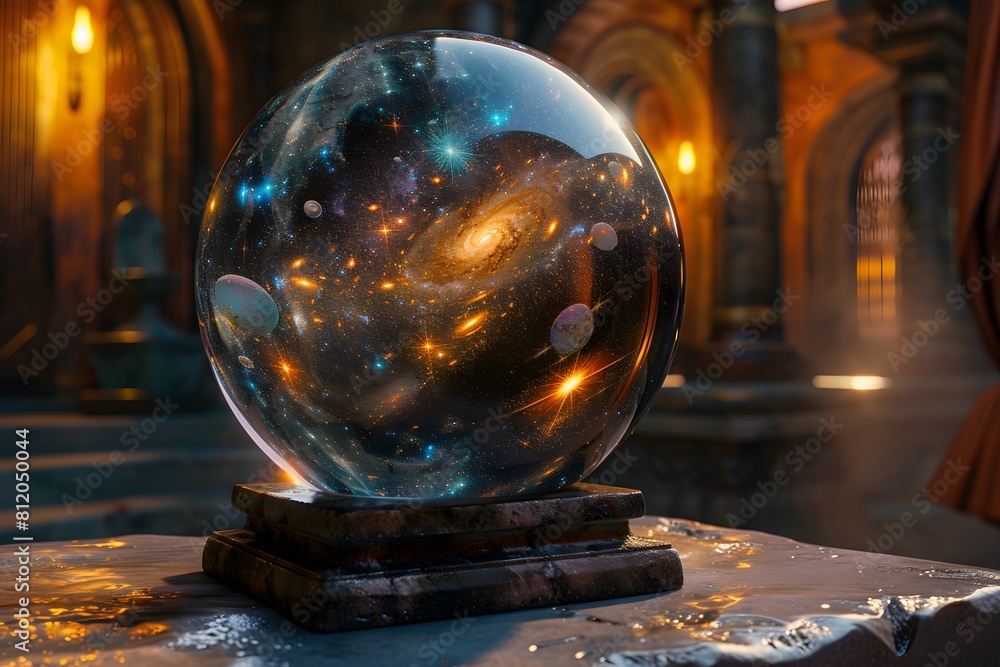 Crystal ball in space background filled with cosmic stars, planets, galaxies. Crystal ball in space background filled with cosmic stars, planets, galaxies.