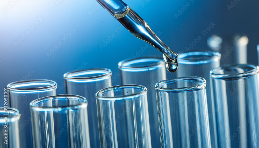 Close-up of pipette drop, glass test tubes for experiment. Scientific research. Chemical laboratory Close-up of pipette drop, glass test tubes for experiment. Scientific research. Chemical laboratory