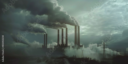A image of a coal-fired power plant with smokestacks emitting steam and pollution, showcasing the generation of electricity through
