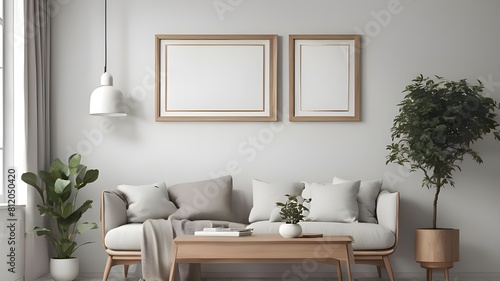 Modern design of Mock Up frames hang on wall with long gray sofa 