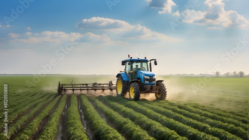 In spring  a tractor is sprinkling insecticides over a soybean field. AI Production