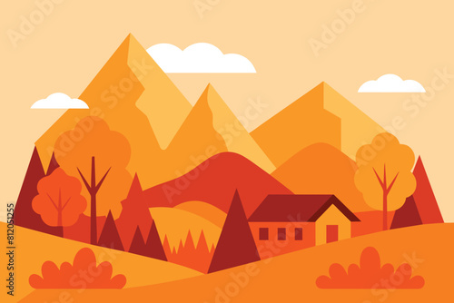 Watercolor autumn vector landscape in orange color. Illustration of mountains  trees  house. Design for print  poster  postcard