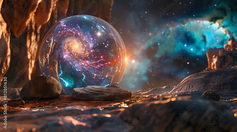Crystal ball in space background filled with cosmic stars, planets, galaxies. Crystal ball in space background filled with cosmic stars, planets, galaxies.