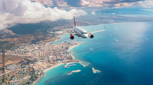 Airplane flying over an island in Spain, air transport and business travel concept