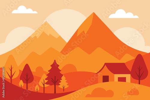 Watercolor autumn vector landscape in orange color. Illustration of mountains  trees  house. Design for print  poster  postcard