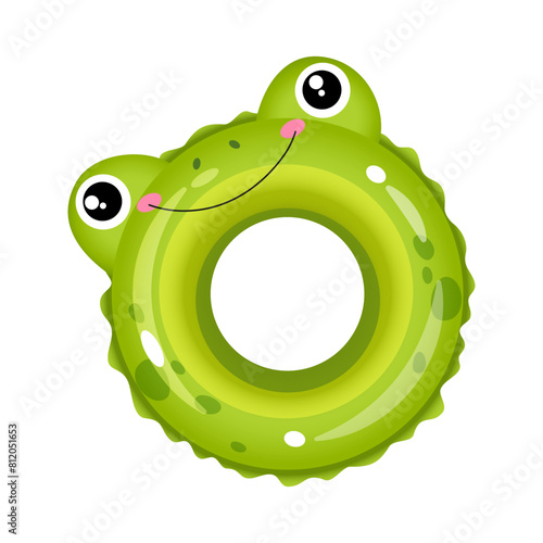 Bright swimming pool ring for kids in form of cartoon frog.
