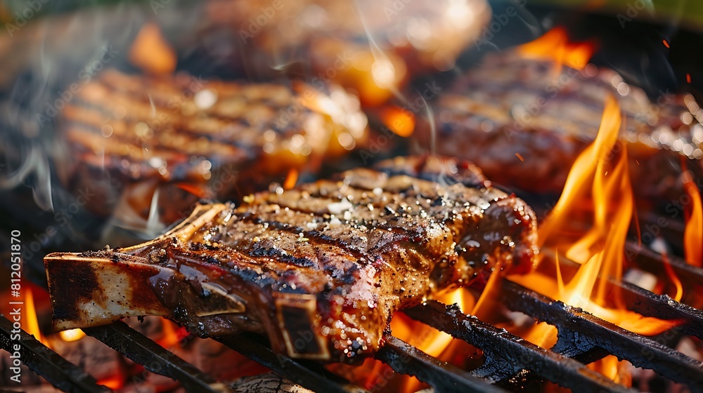 A t bone steak being char grilled over open flames on an outdoors bbq A t bone steak being char grilled over open flames on an outdoors bbq