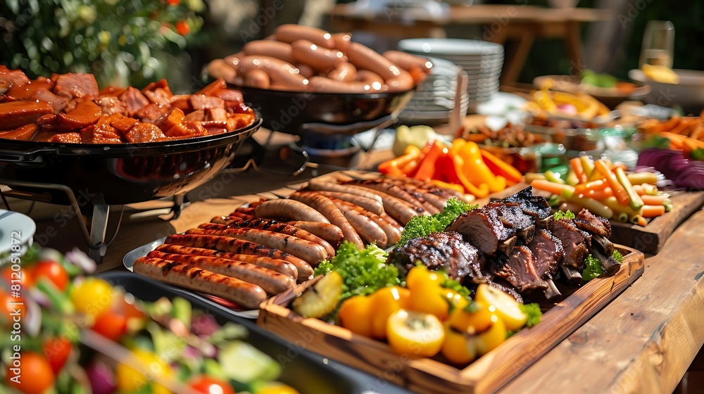 A table full of food prepared for a bbq party sausage whicken wings vegetables beef pork ribs