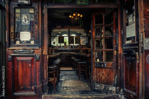 English Pub Entrance with Metal Door Ajar and Antique Brass Details