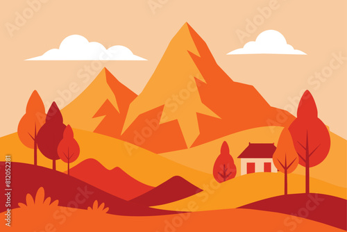 Watercolor autumn vector landscape in orange color. Illustration of mountains  trees  house. Design for print  poster  postcard