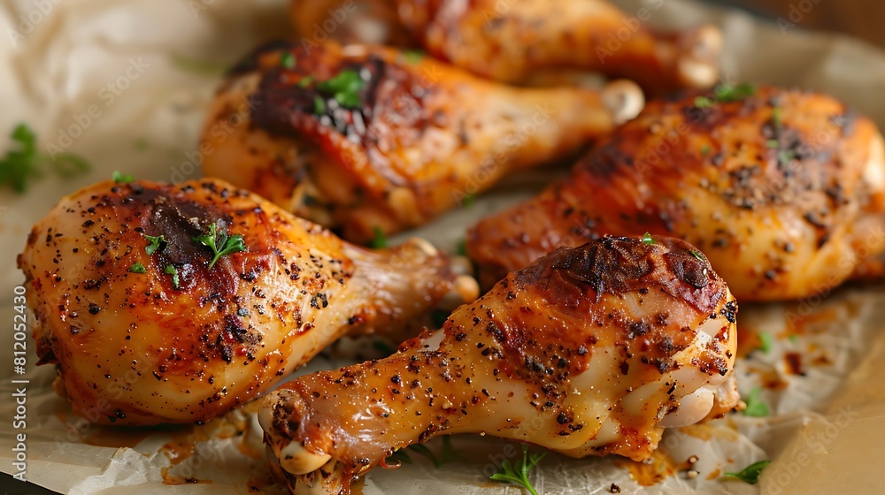 Baked chicken drumstick on paper close up view Baked chicken drumstick on paper close up view