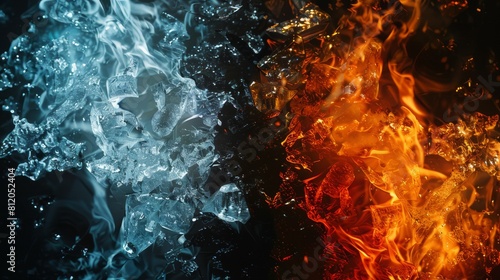 Ice and fire/flame, on a black background. Confrontation between ice and fire. Ice against fire. Contrast. Opposites. Heat versus cold. photo