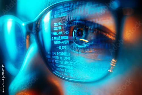 Eye close up on glasses reflect cyber security IT engineer futuristic code prompt background. Digital technology AI chatbot coding finance business data analytics programming 
