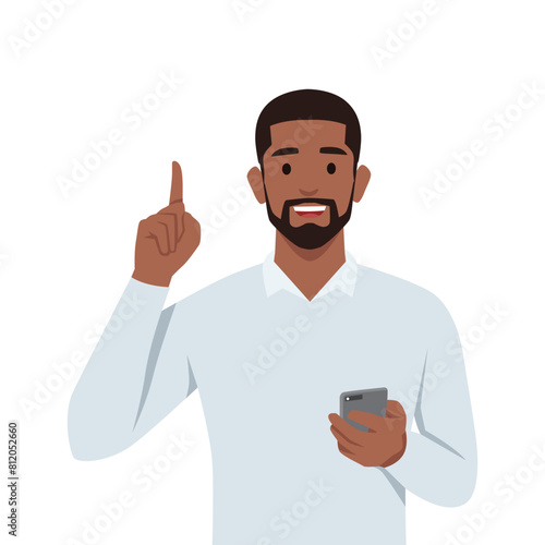 Happy young business man pointing up. Flat vector illustration isolated on white background