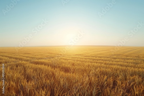 A serene sunset bathes an expansive wheat field in golden light  creating a peaceful and endless horizon under a clear sky. 