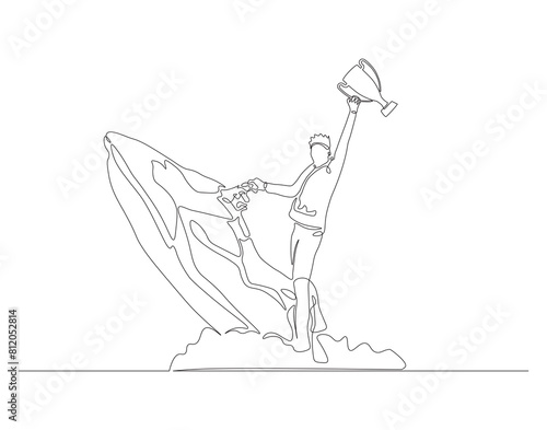 Continuous one line drawing of riding jet ski. One line drawing illustration of jet ski sport. Extreme sea sport concept continuous line art. Editable outline.
