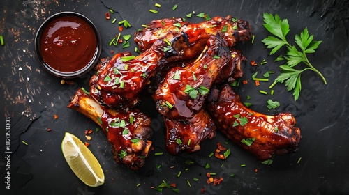 BBQ lollipop chicken wings with spicy bbqglaze spicy glazed pork ribs flat lay top down composition on dark background photo