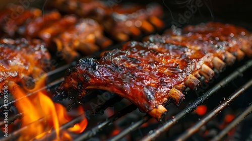 BBQ roasted pork baby back or spareribs on the hot charcoal grill with flames closeup