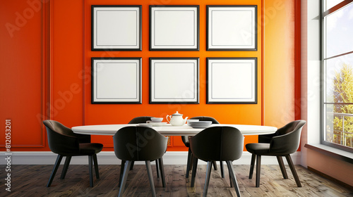 Frames, orange wall, chairs.