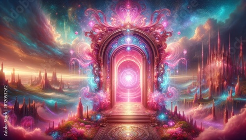 A stunning fantasy portal glowing with pink light opening to another dimension with magical energy and fantastic landscape with futuristic cities