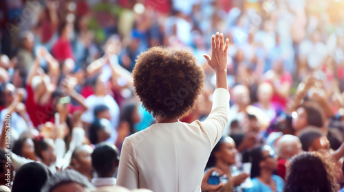 African American woman in white raises hand to crowd at outdoor event. Sunlit gathering with diverse audience expressing unity and participation