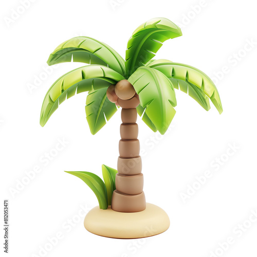 Cute Cartoon Palm Tree Icon with Green Leaves and Curved Brown Trunk on Sandy Base photo