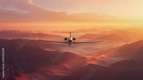 Private jet or plane flying over clouds during sunset  orange sky  business travel and tourism concept