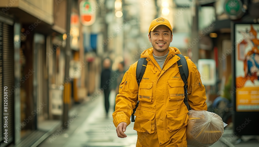 Delivery man smiling in urban landscape Delivery man smiling in urban landscape