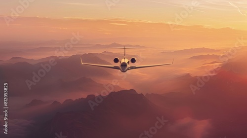 Private jet or plane flying over clouds during sunset, orange sky, business travel and tourism concept