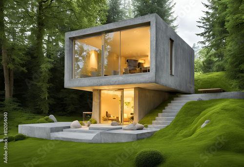 Eco Friendly House - concret house on moss in garden stock iamges. photo