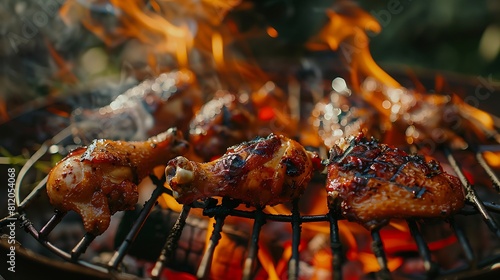 Close up of tasty chicken legs on cast iron grate with fire flames
