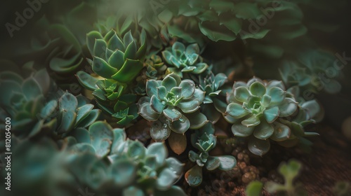 Lush Green Succulent Garden Close-Up. A close-up image showcasing a variety of succulents with rich green and blue tones, highlighting the intricate details and textures of the plants. © IrisFocus