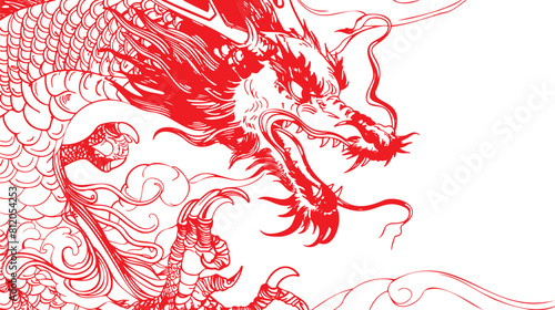 A dragon in Manga drawing lines style on a transparent background with copy-space. Close up of a Chinese traditional dragon head in flat red outline isolated on a white background. Volume 4.