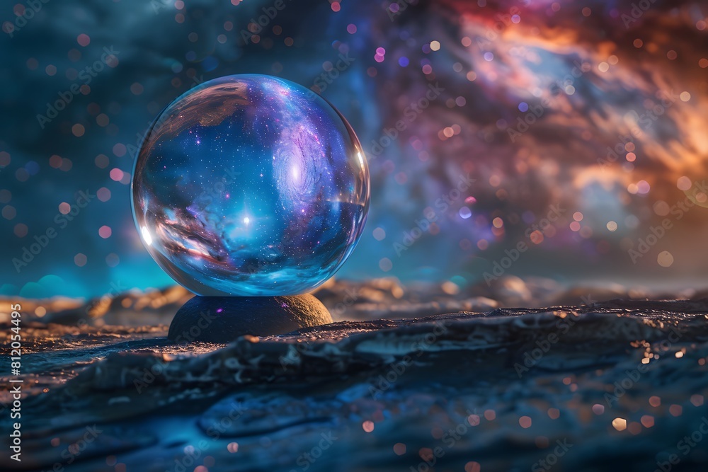 Crystal ball in space background filled with cosmic stars, planets, galaxies. Crystal ball in space background filled with cosmic stars, planets, galaxies.