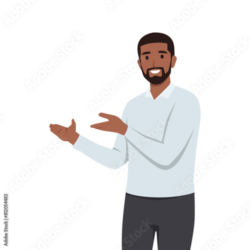 Young Man pointing away hands together and showing or presenting something while standing. Flat vector illustration isolated on white background
