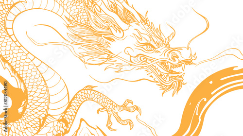 A dragon in Manga drawing style on a transparent background with copy-space. Close up of a Chinese traditional dragon head in flat gold outline on a white background. Volume 6.