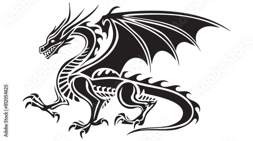 A dragon in Manga drawing lines style on a transparent background with copy-space. Close up of a dragon head in flat black outline isolated on a white background. Volume 7.